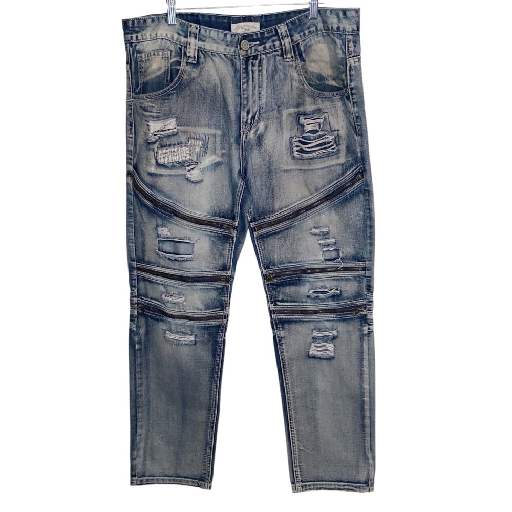 Smoke Rise Vintage Denim Jeans Mens 38X32 Distressed Moto Biker Zippers Y2K